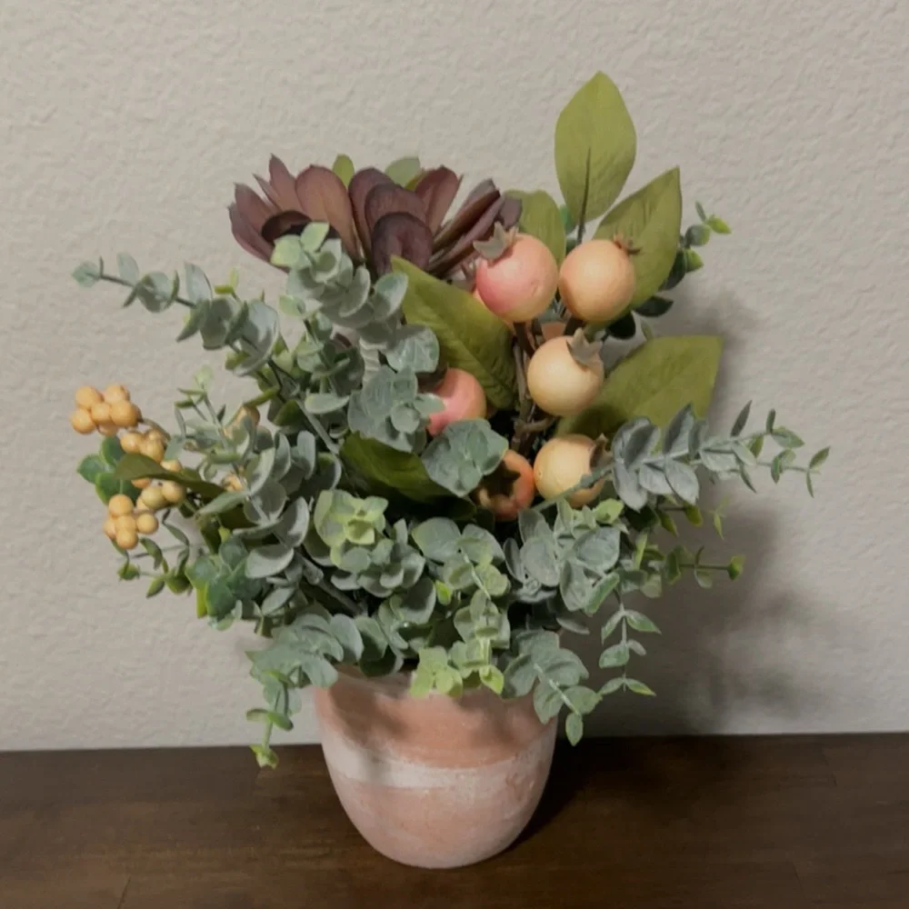 Elegant Faux Floral Arrangement in Terra Cotta style Vase
